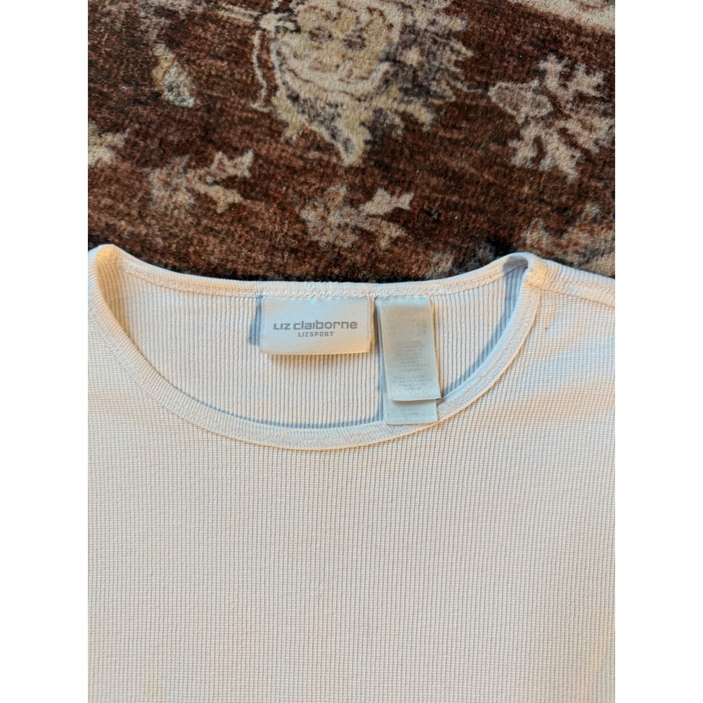 Liz Claiborne Lizsport Cream Ribbed Knit Long Sleeve Crew Neck Top Large - Picture 2 of 2